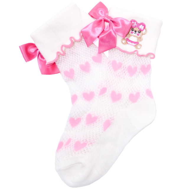 アースマジック EARTHMAGIC メッシュ折り返しクルーソックス シロ ラベンダー ハート柄 マフィー 刺繍 靴下 日本製 2023春夏