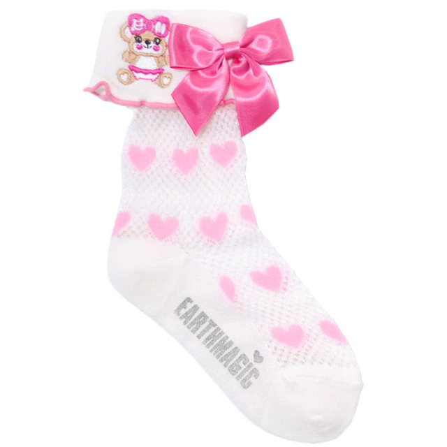 アースマジック EARTHMAGIC メッシュ折り返しクルーソックス シロ ラベンダー ハート柄 マフィー 刺繍 靴下 日本製 2023春夏