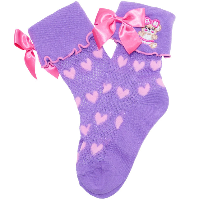 アースマジック EARTHMAGIC メッシュ折り返しクルーソックス シロ ラベンダー ハート柄 マフィー 刺繍 靴下 日本製 2023春夏