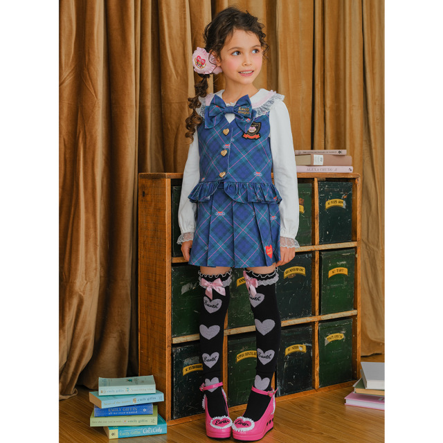 アースマジック EARTHMAGIC オリジナルタータンチェックベスト グリーン ベージュ リボン 2023秋冬