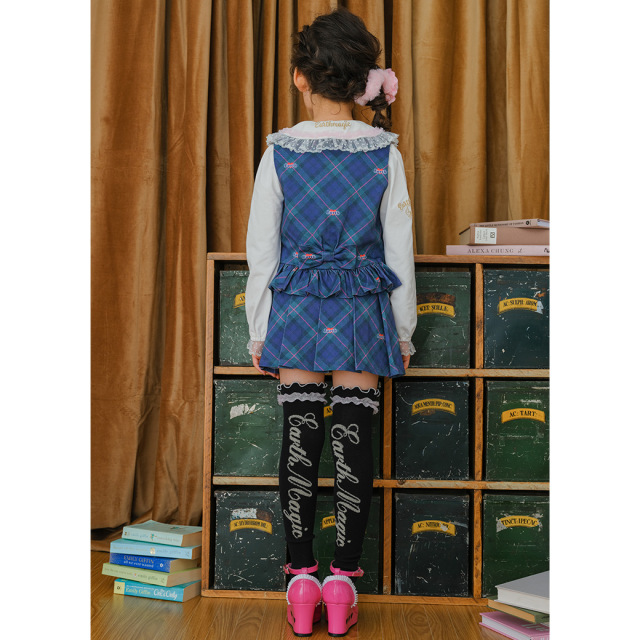 アースマジック EARTHMAGIC オリジナルタータンチェックベスト グリーン ベージュ リボン 2023秋冬