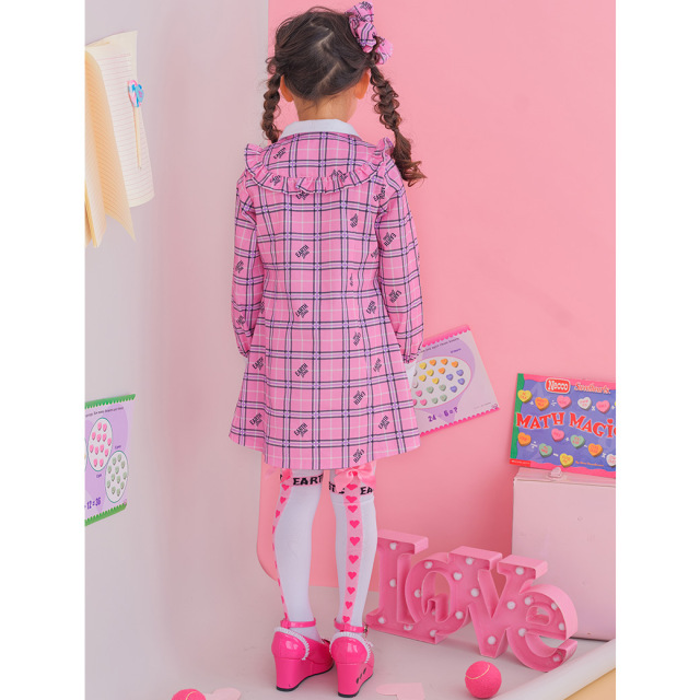 アースマジック EARTHMAGIC チェック柄フリルヨーク長袖ワンピース グレー ペールピンク マフィー 2023秋冬