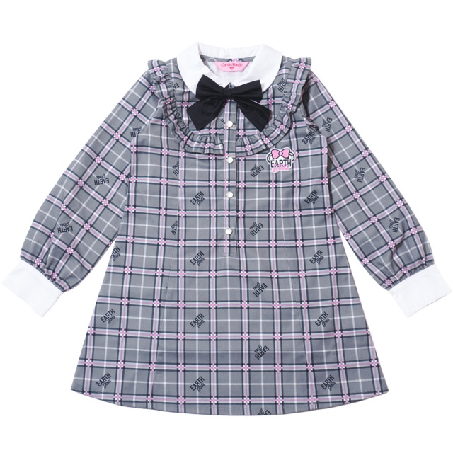 アースマジック EARTHMAGIC チェック柄フリルヨーク長袖ワンピース グレー ペールピンク マフィー 2023秋冬