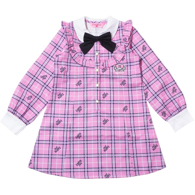 アースマジック EARTHMAGIC チェック柄フリルヨーク長袖ワンピース グレー ペールピンク マフィー 2023秋冬