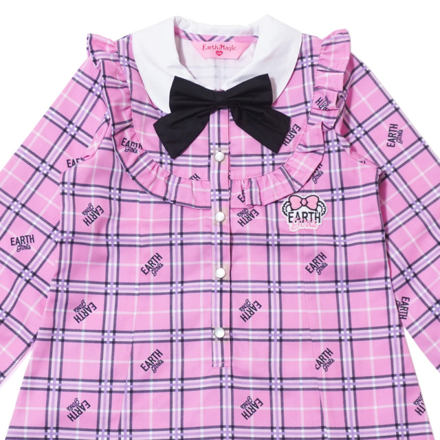 アースマジック EARTHMAGIC チェック柄フリルヨーク長袖ワンピース グレー ペールピンク マフィー 2023秋冬