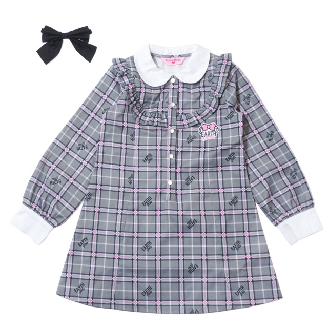 アースマジック EARTHMAGIC チェック柄フリルヨーク長袖ワンピース グレー ペールピンク マフィー 2023秋冬