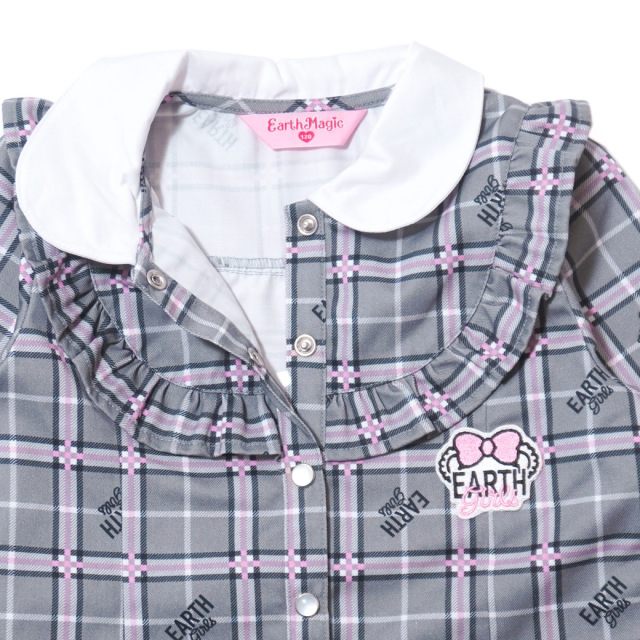 アースマジック EARTHMAGIC チェック柄フリルヨーク長袖ワンピース グレー ペールピンク マフィー 2023秋冬