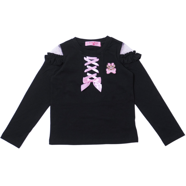 アースマジック EARTHMAGIC レースアップデザイン長袖Tシャツ クロ ペールピンク マフィー オープンショルダー 2023秋冬