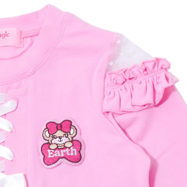 アースマジック EARTHMAGIC レースアップデザイン長袖Tシャツ クロ ペールピンク マフィー オープンショルダー 2023秋冬