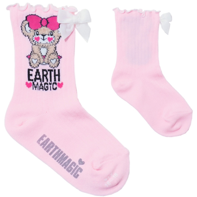 アースマジック EARTHMAGIC ふわふわマフィークルーソックス シロ ペールピンク ネイビー ベロアリボン 靴下 日本製 2023秋冬