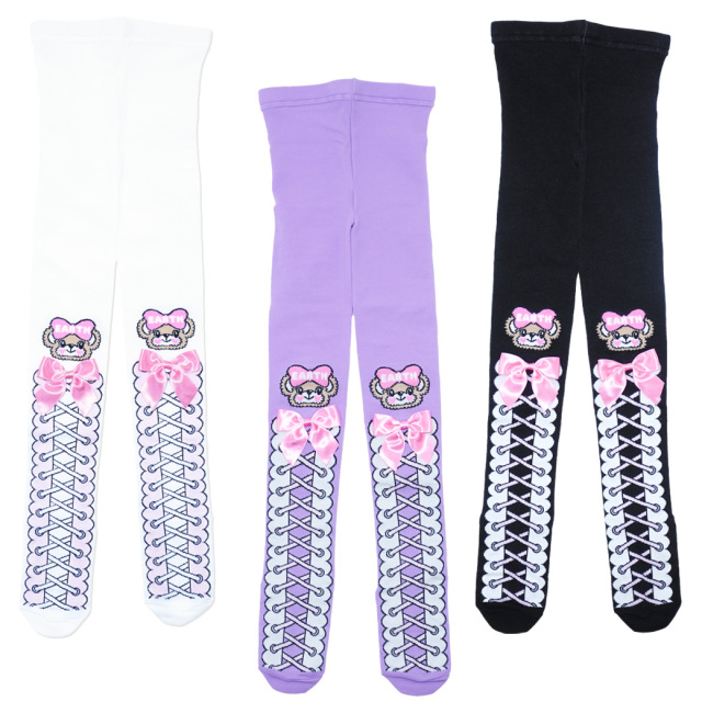 アースマジック EARTHMAGIC レースアップ柄タイツ シロ クロ ラベンダー マフィー 日本製 2023秋冬