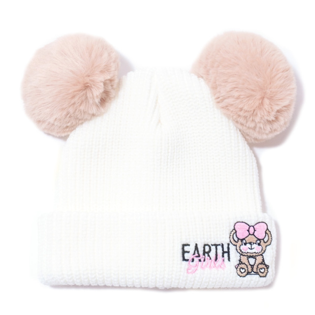 アースマジック EARTHMAGIC ファーポンポン付ニットキャップ シロ ペールピンク マフィー クマ耳 帽子 2023秋冬