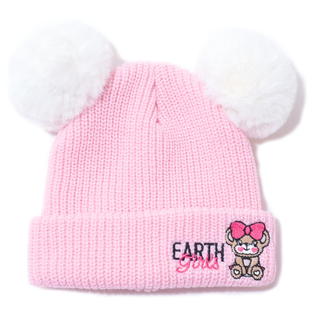 アースマジック EARTHMAGIC ファーポンポン付ニットキャップ シロ ペールピンク マフィー クマ耳 帽子 2023秋冬