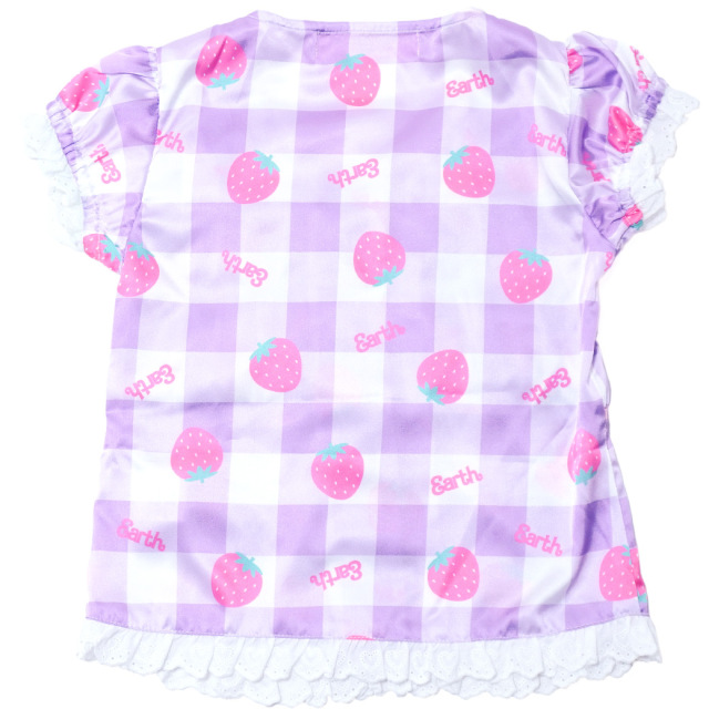 アースマジック EARTHMAGIC ギンガムチェックストロベリー柄ブラウス マフィー クロ ラベンダー 半袖 2024春