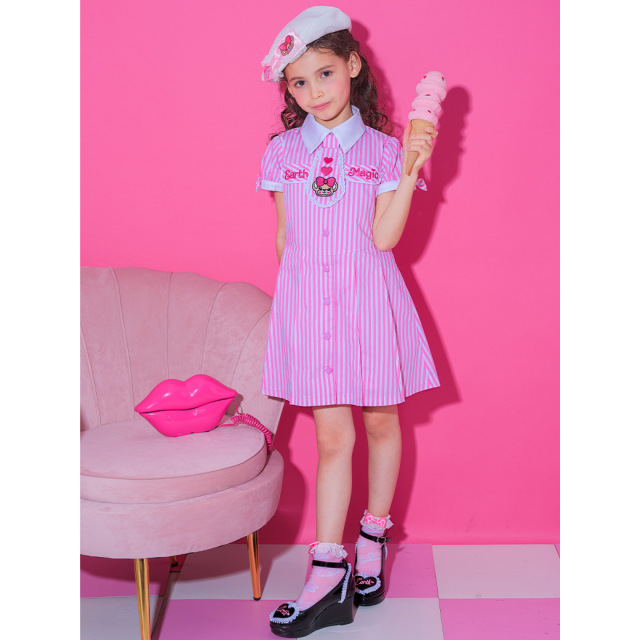 アースマジック EARTHMAGIC ネクタイ付ストライプワンピース ピンク サックス マフィー 半袖 2024春