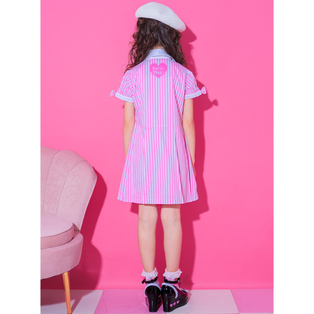 アースマジック EARTHMAGIC ネクタイ付ストライプワンピース ピンク サックス マフィー 半袖 2024春