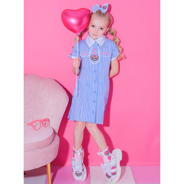 アースマジック EARTHMAGIC ネクタイ付ストライプワンピース ピンク サックス マフィー 半袖 2024春