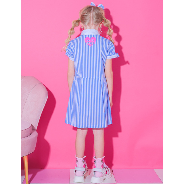 アースマジック EARTHMAGIC ネクタイ付ストライプワンピース ピンク サックス マフィー 半袖 2024春