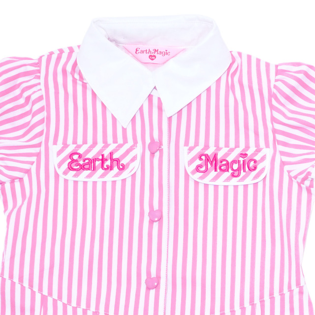 アースマジック EARTHMAGIC ネクタイ付ストライプワンピース ピンク サックス マフィー 半袖 2024春