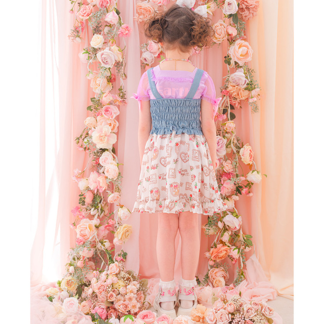 シフォンローズ総柄デニム切替ジャンパースカート