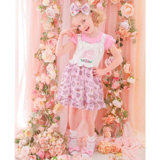 シフォンローズ総柄デニム切替ジャンパースカート