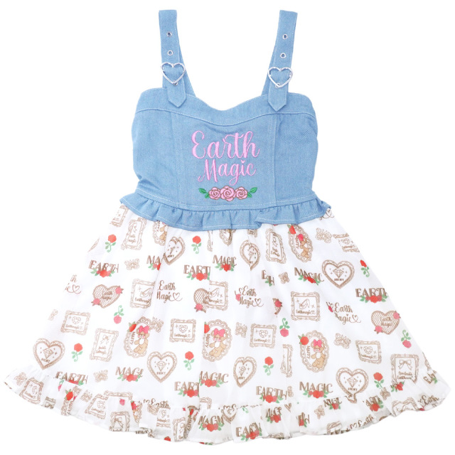 シフォンローズ総柄デニム切替ジャンパースカート