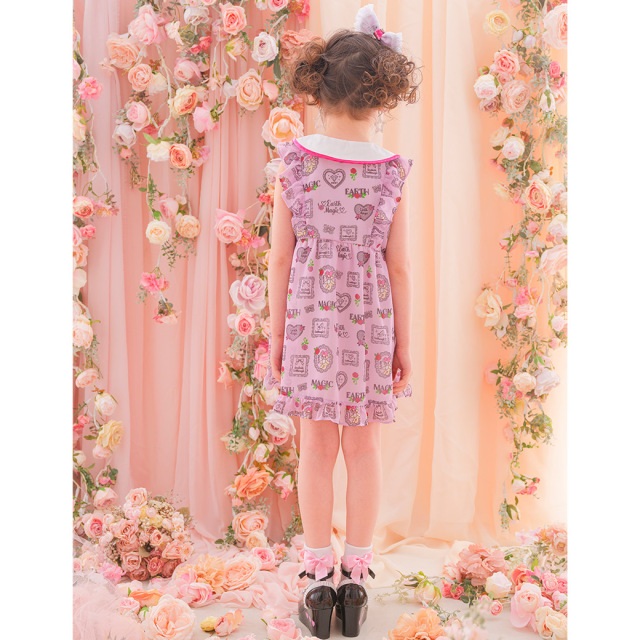 【新品】アシュレイローズ柄　シフォン　ワンピース　キナリ＊濃いピンク シフォンローズ総柄襟付きワンピース