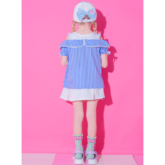 アースマジック EARTHMAGIC ストライプ切替オープンショルダーTシャツ ピンク サックス マフィー 半袖 2024春