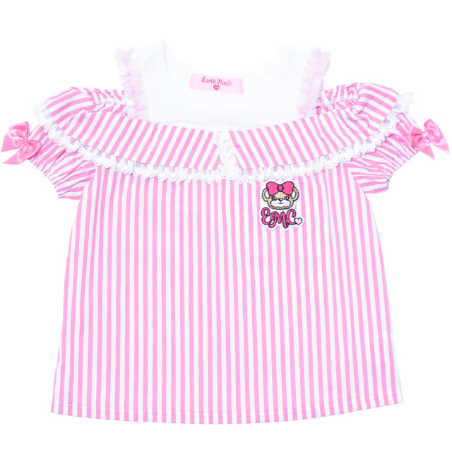 アースマジック EARTHMAGIC ストライプ切替オープンショルダーTシャツ ピンク サックス マフィー 半袖 2024春