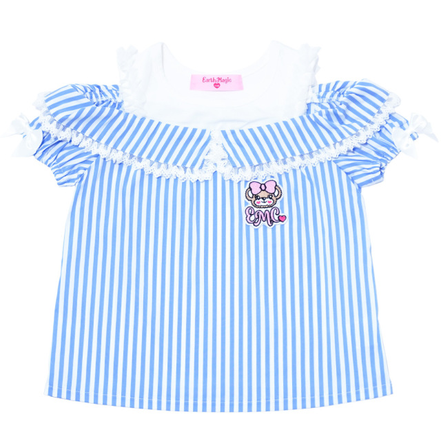 アースマジック EARTHMAGIC ストライプ切替オープンショルダーTシャツ ピンク サックス マフィー 半袖 2024春