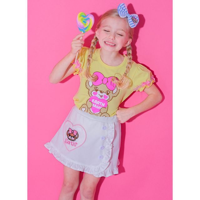 アースマジック EARTHMAGIC 両面マフィープリントフリルTシャツ シロ クリームイエロー 半袖 2024春