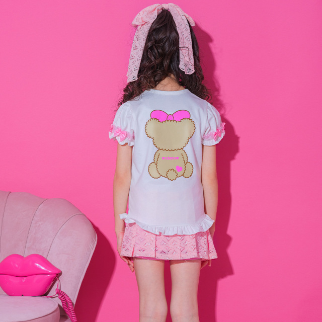 アースマジック EARTHMAGIC 両面マフィープリントフリルTシャツ シロ クリームイエロー 半袖 2024春