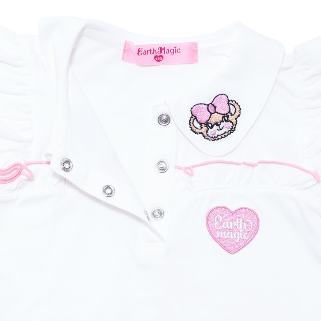 アースマジック EARTHMAGIC 袖フリル襟付きTシャツ シロ ペールピンク マフィー 刺繍 半袖 2024春