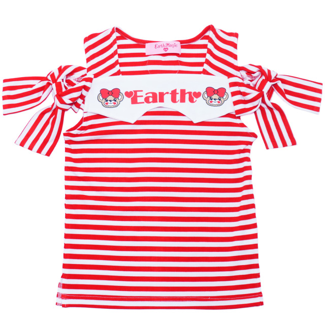 袖リボン肩開きテレコボーダーTシャツ