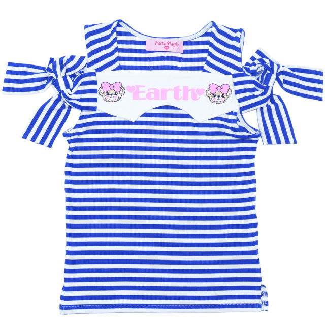 袖リボン肩開きテレコボーダーTシャツ