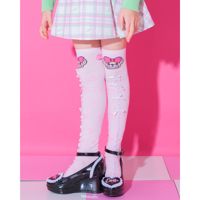 アースマジック EARTHMAGIC センターメローオーバーニーソックス マフィー シロ ペールピンク 靴下 日本製 2024春