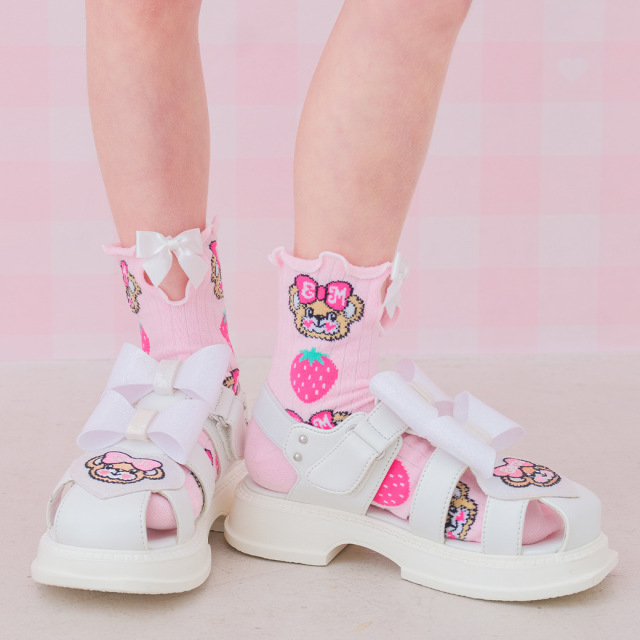 センターメロー開きイチゴリブショートソックス