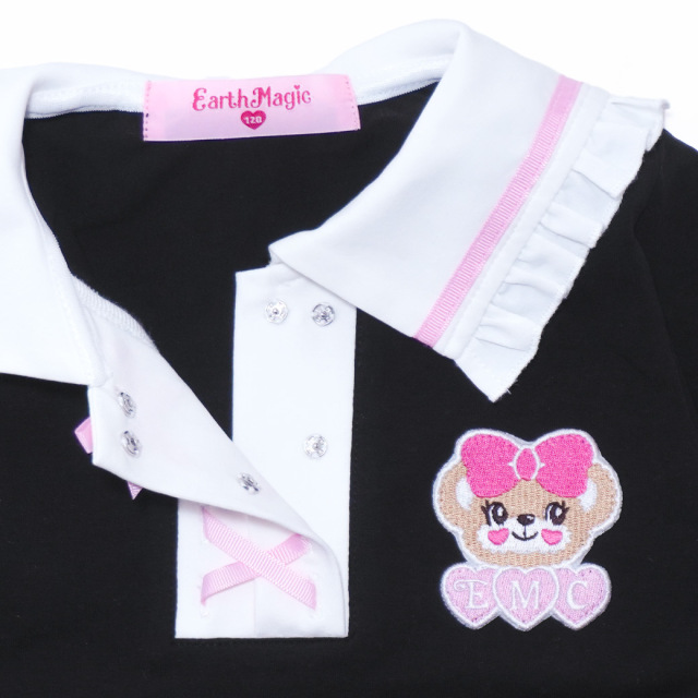 バックリボン襟ベア天長袖Tシャツ
