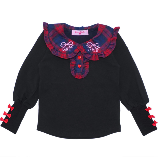 チェック柄BIG襟付長袖ベア天Tシャツ