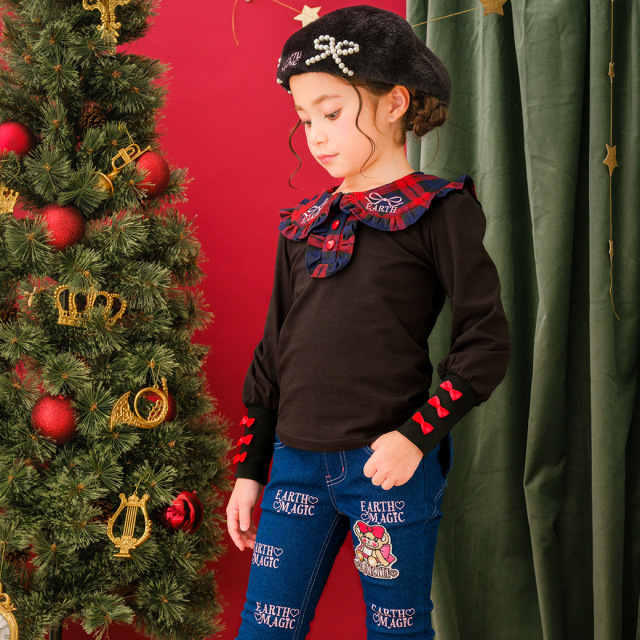 チェック柄BIG襟付長袖ベア天Tシャツ