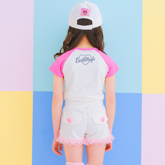 裾チュールデニム風ストレッチツイルショートパンツ