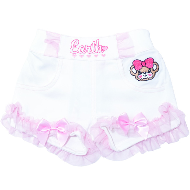 裾チュールデニム風ストレッチツイルショートパンツ