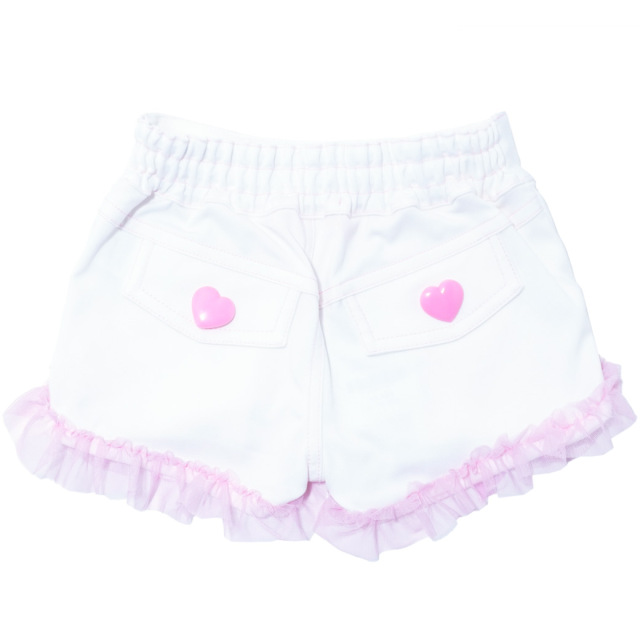 裾チュールデニム風ストレッチツイルショートパンツ