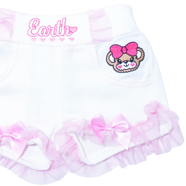 裾チュールデニム風ストレッチツイルショートパンツ