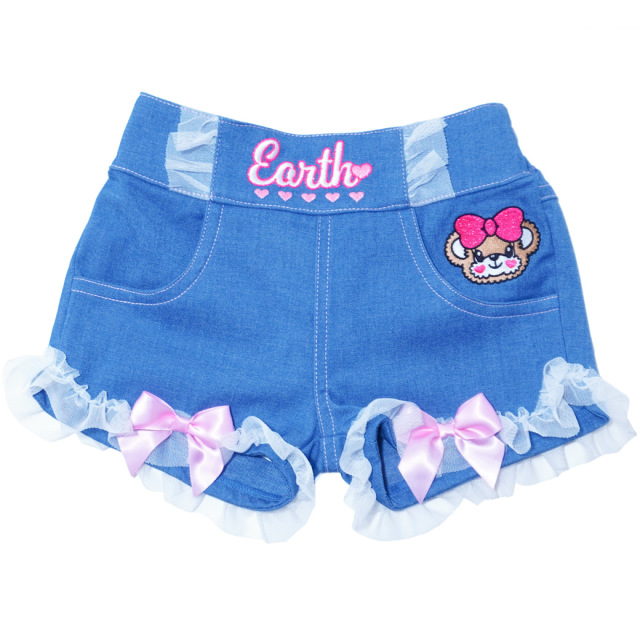 裾チュールデニム風ストレッチツイルショートパンツ