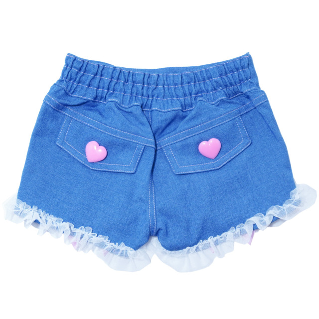 裾チュールデニム風ストレッチツイルショートパンツ