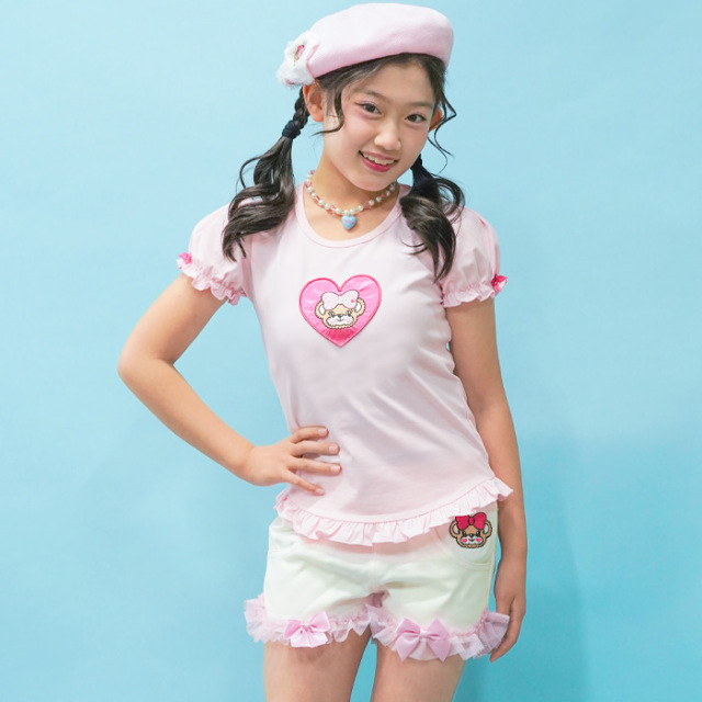 裾フリルハートアップリケTシャツ