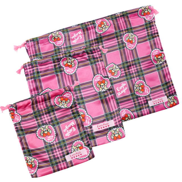 日本製 マフィーハートタータンチェック柄巾着３点セット
