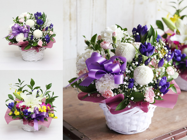 【生花】季節限定リンドウのお供えアレンジメント〜法事・命日・お彼岸・敬老の日などの供養花【送料無料（※一部地域を除く）】