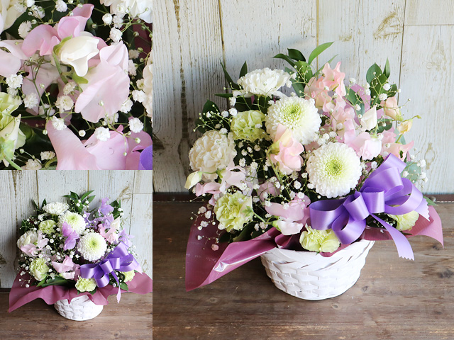 【生花】甘い香り♪季節限定スイートピーのお供えアレンジメント〜法事・命日・喪中見舞いなどの供養花・ペットのお悔やみ花【送料無料（※一部地域を除く）】